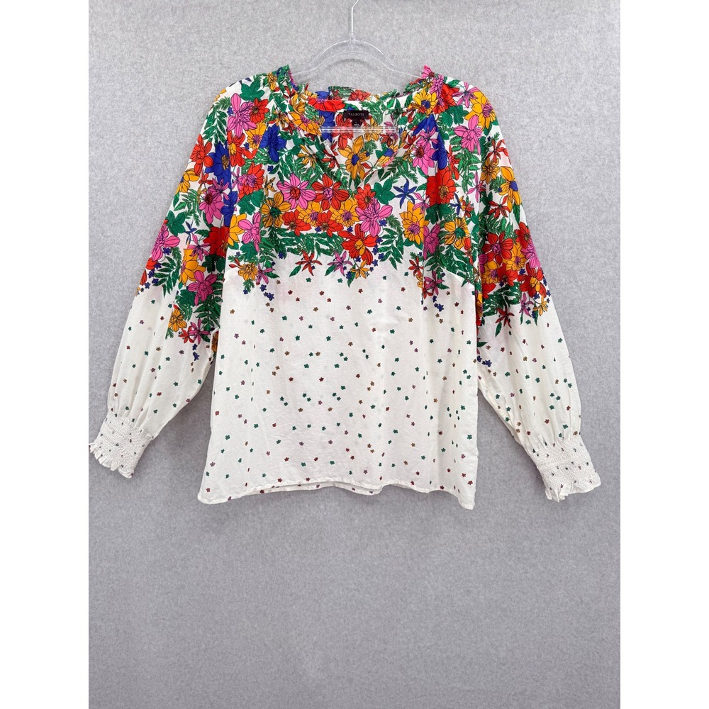 Talbots Floral Blouse Womens Large Ivory Multi Cotton Smocked Cuff V-Neck Top